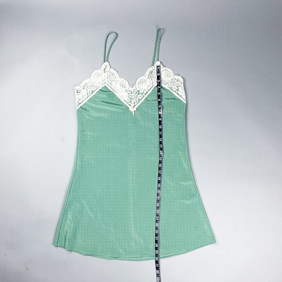 Polka Dot Slip, 90s Sage Green Dotted White with White Lace and Adjustable Strap - Picture 9 of 9